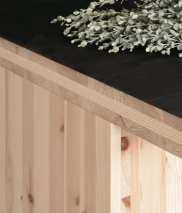 A zoom photograph of a pine timber shelving unit with a black worktop and plants.