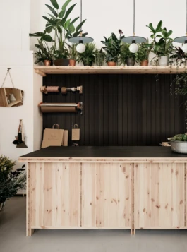 Shop interior with a pine counter, black timber panelling on the walls and plants on display.