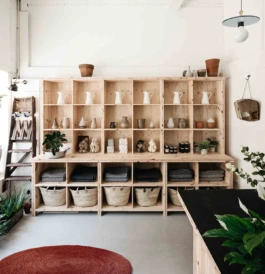 Inside a shop with a pine dresser, plants and household products on display.