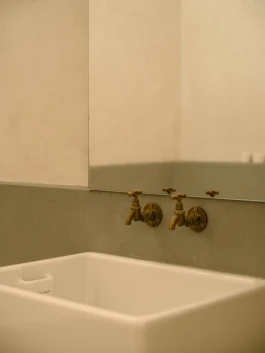 A photograph of brass taps fixed to a green wall above a white Belfast sink.