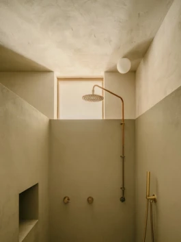 A shower with textured green walls, exposed copper pipework and sunlight coming through a window.
