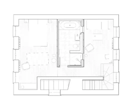 An architectural floor plan, showing a reconfigured residential living space.