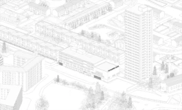 An axonometric, architectural line drawing of buildings in a city.