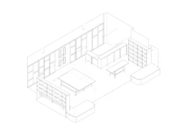 An architectural drawing of a bookshop joinery design.