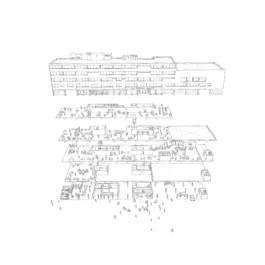 An axonometric sketch of an architectural building project.