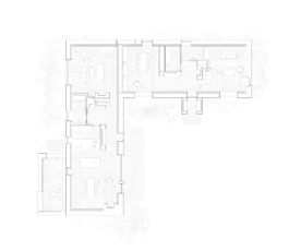 An architectural floor plan, showing the ground floor of a renovated barn.