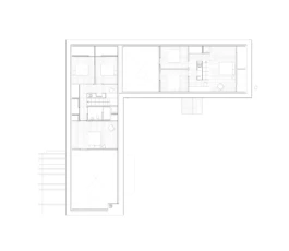 An architectural floor plan, showing the first floor of a renovated barn.