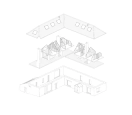 An axonometric, architectural line drawing of a building construction.