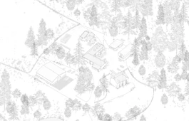 An axonometric, architectural line drawing of a farmstead surrounded by trees.