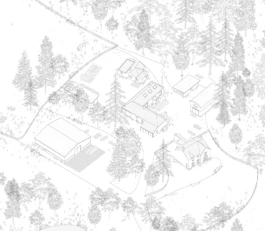 An axonometric, architectural line drawing of a farmstead surrounded by trees.