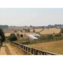 A house with a chimney on a sunny hillside surrounded by fields and trees. 
