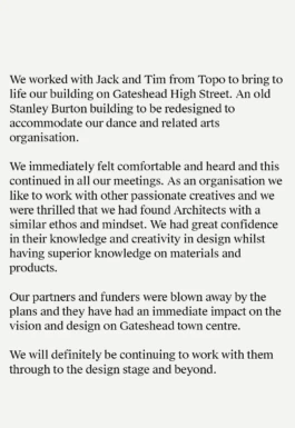 Topo Architects client testimonial from a dance charity