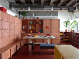 red stained timber joinery item in a youth centre
